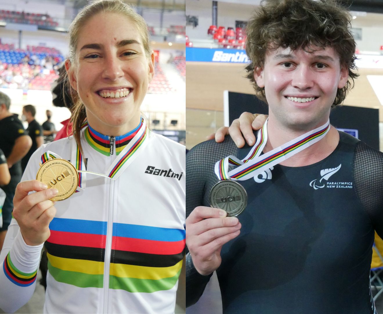 Nicole and Devon with medals, smiling