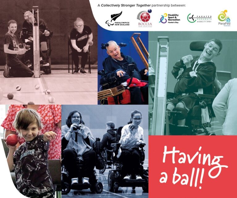 Collage of boccia photos with caption "having a ball"