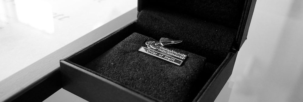 A silver pin brooch with the NZ fern on it in a black jewellery box