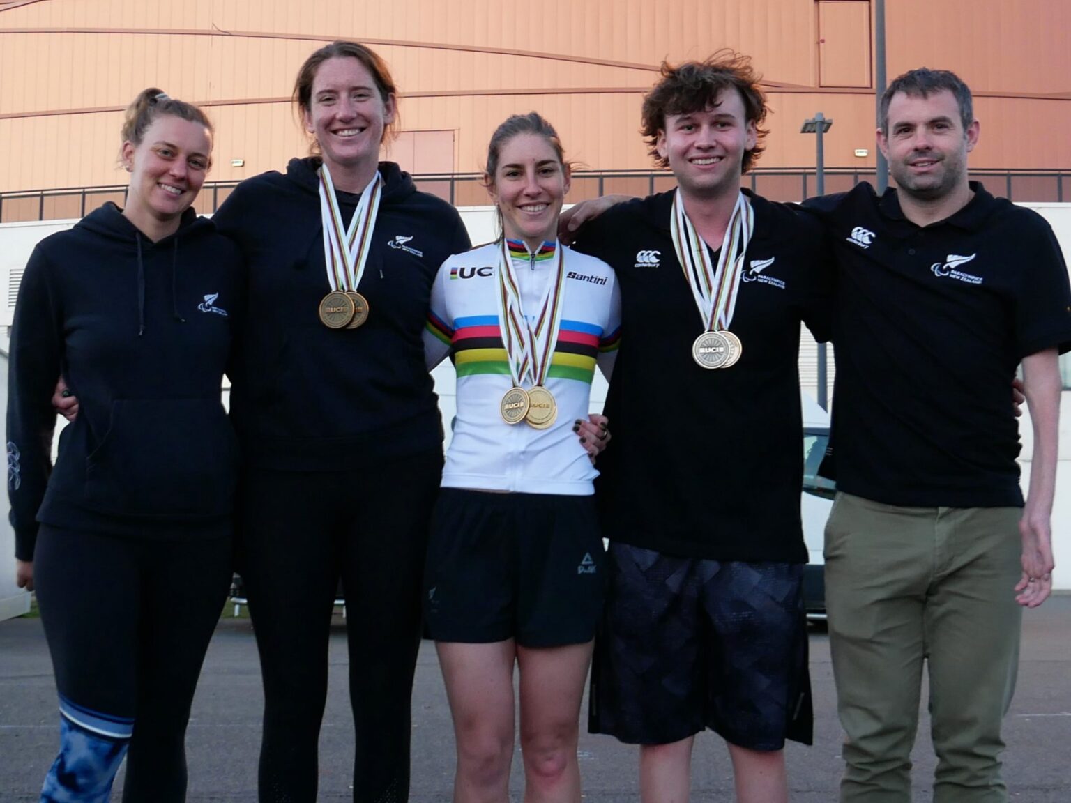 Sarah, Anna, Nicole, Devon, Nick outside Velodrome