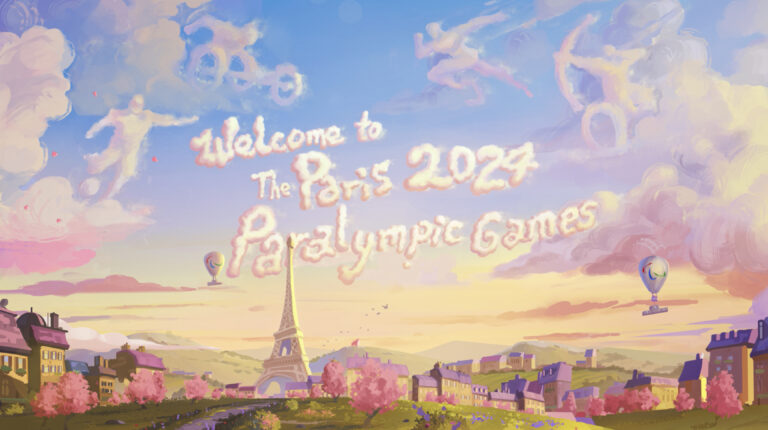 an illustration of the Paris skyline, with "Welcome to the Paris 2024 Paralympic Games" written in the clouds